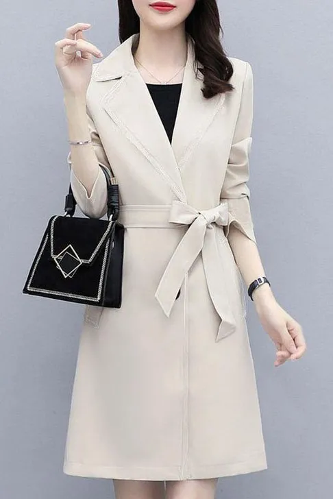 Front Tie Solid Lapel Trench Coat