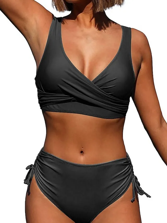 Women's Swimwear Bikini 2 Piece Normal Swimsuit Pleated 2 Piece High Waist Open Back Sexy Pure Color Black Red Fuchsia Green Padded V Wire Bathing Suits Sexy Vacation Stylish
