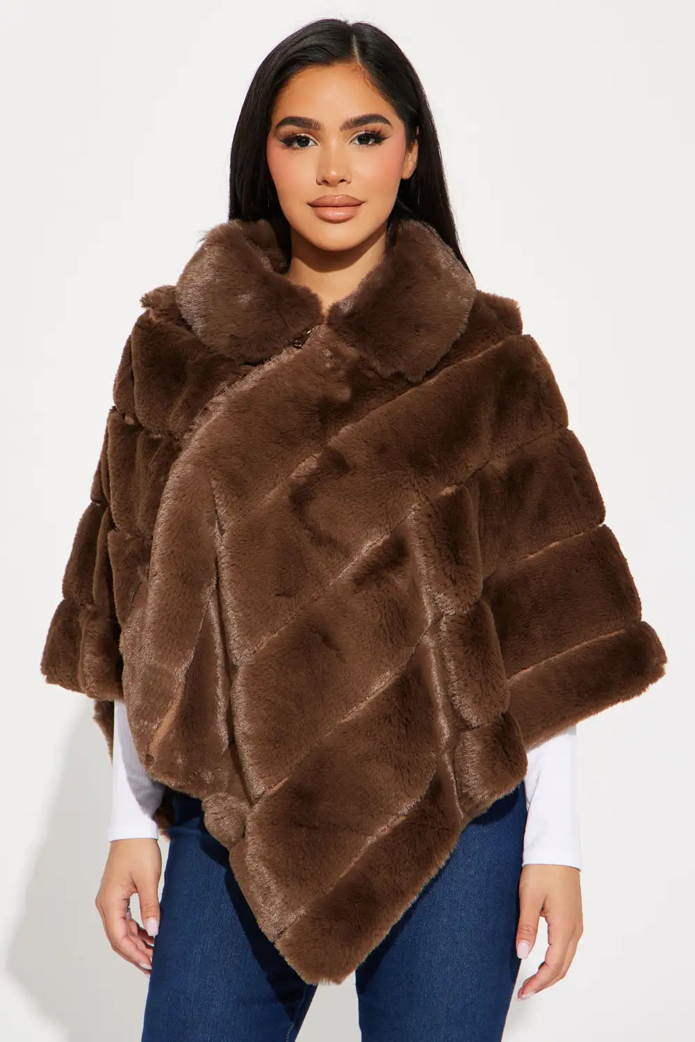 Wine and Dine Faux Fur Poncho - Brown