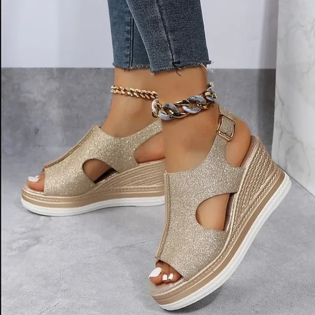 Women's Sandals Wedge Sandals Platform Sandals Plus Size Outdoor Daily Beach Summer Wedge Heel Peep Toe Casual Minimalism Faux Leather Buckle Solid Color Silver Gold