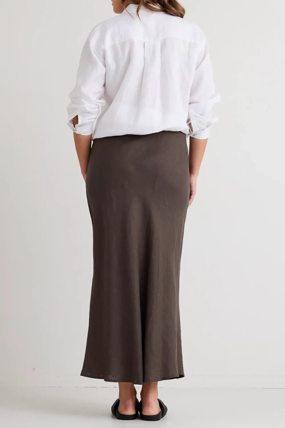 Dark Olive Linen Bias Midi Skirt
