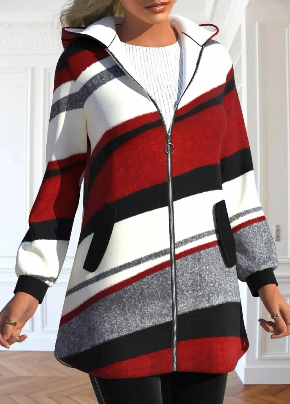 Wine Red Pocket Geometric Print Long Sleeve Hooded Coat