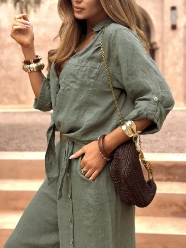 🔥 Women's Loose-Fit Long Sleeve Shirt & Wide Leg Pants Set