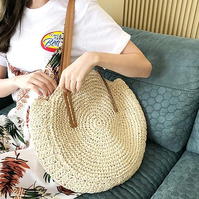 Women's Tote Straw Bag Straw Daily Holiday Solid Color Bohemian Style Brown Beige