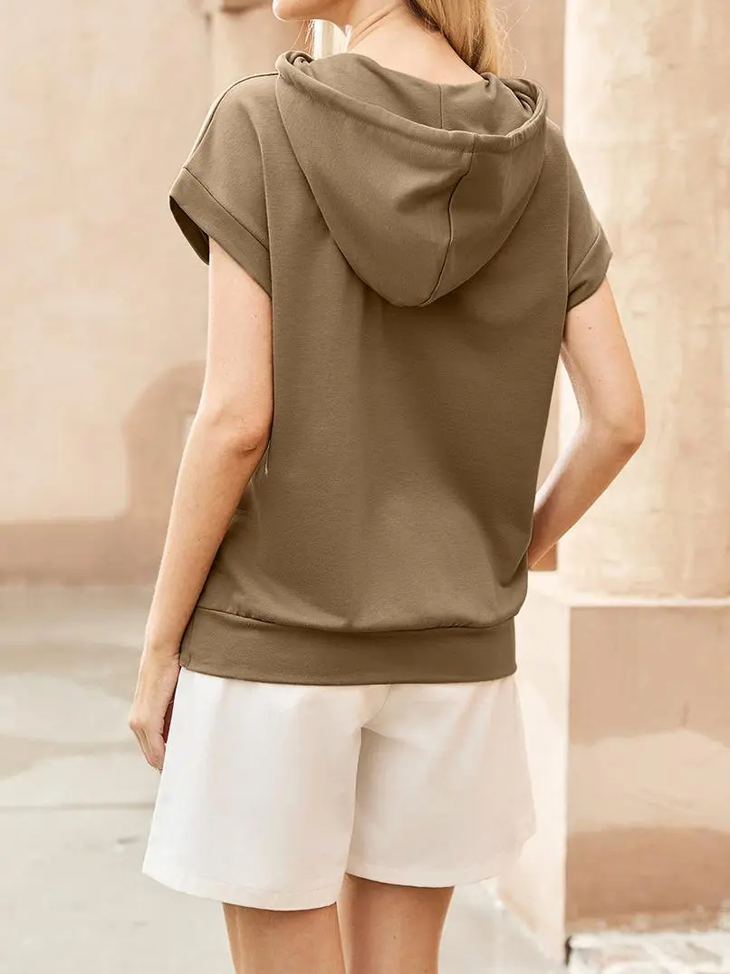 Casual Metal Button Khaki Short Sleeve Hoodie