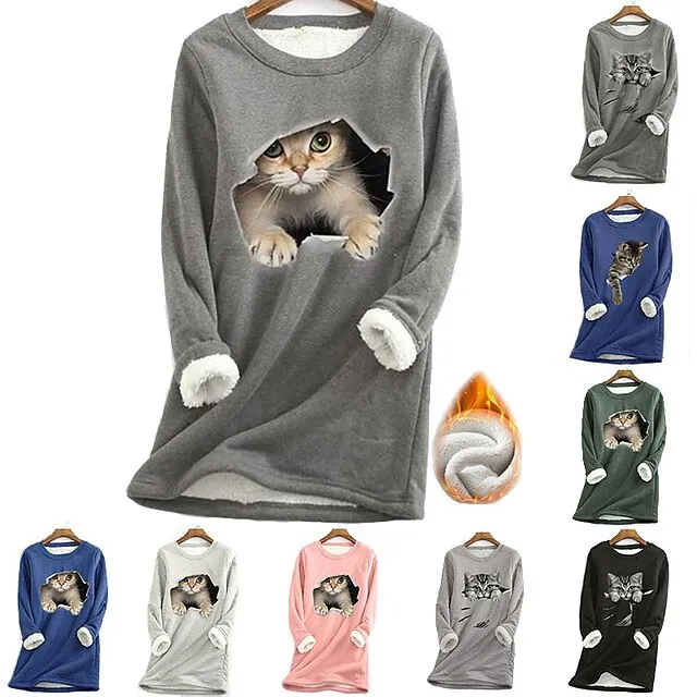 Women's Plus Size Sweatshirt Pullover Cat Teddy Sherpa Fleece Denim Blue Black White Street Casual Round Neck Long Sleeve Top Micro-elastic Fall & Winter