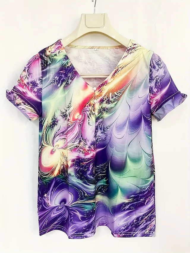 Women's T shirt Tee Graphic Blue Purple Green Button Cut Out Print Short Sleeve Daily Weekend Basic Neon & Bright V Neck Regular Fit