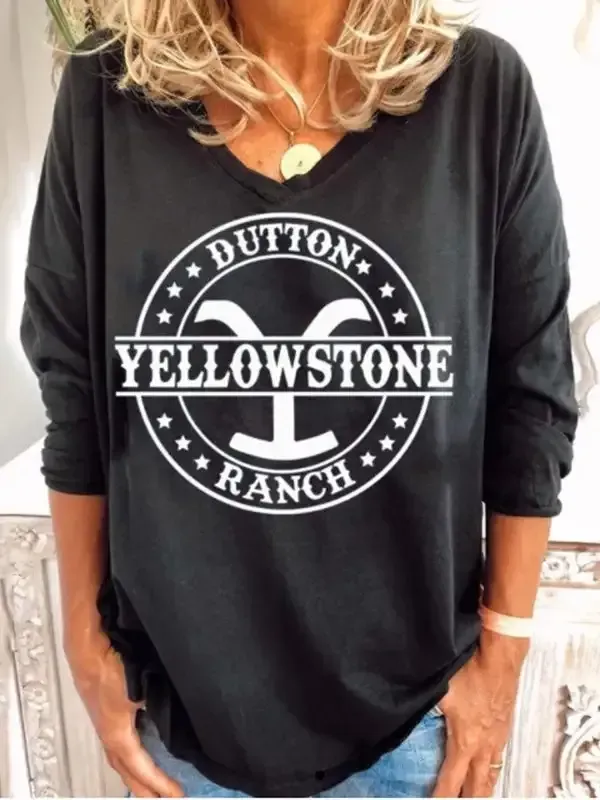 Women's T-Shirts Loose Print V-Neck Long Sleeve T-Shirt(⚡Clearance Sale)