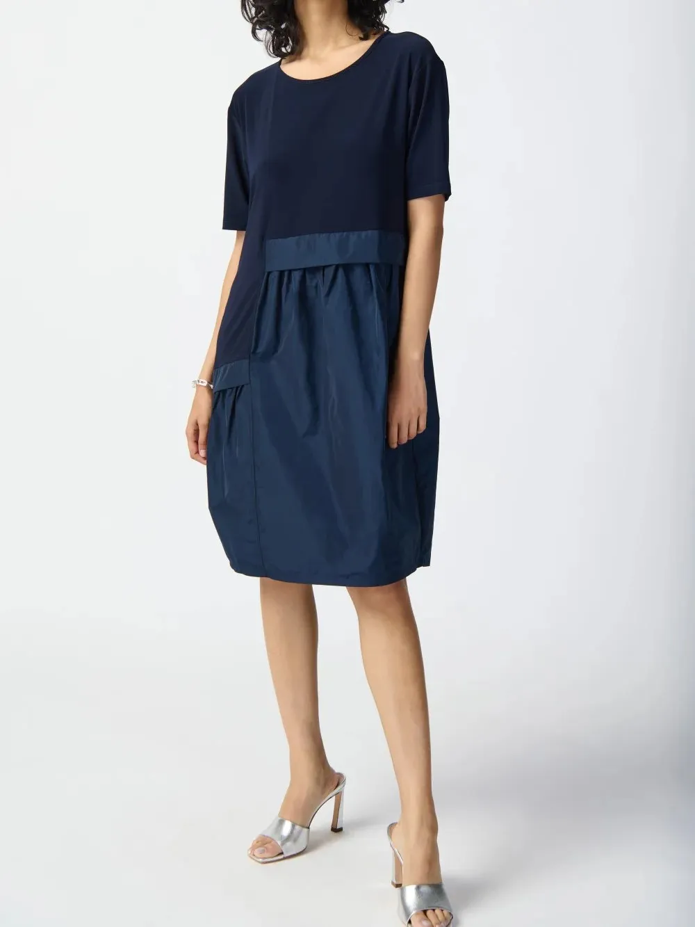 Navy Blue Short - Sleeve Fit - and - Flare Dress