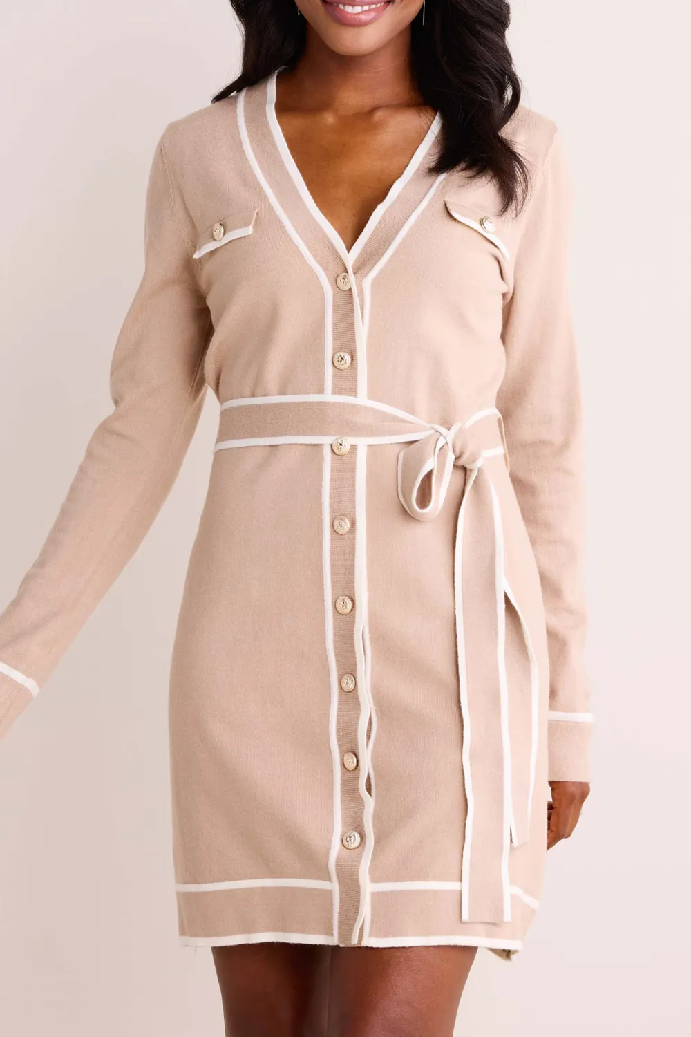 Beige Tie-Waist Contrast Trim Sweater Dress