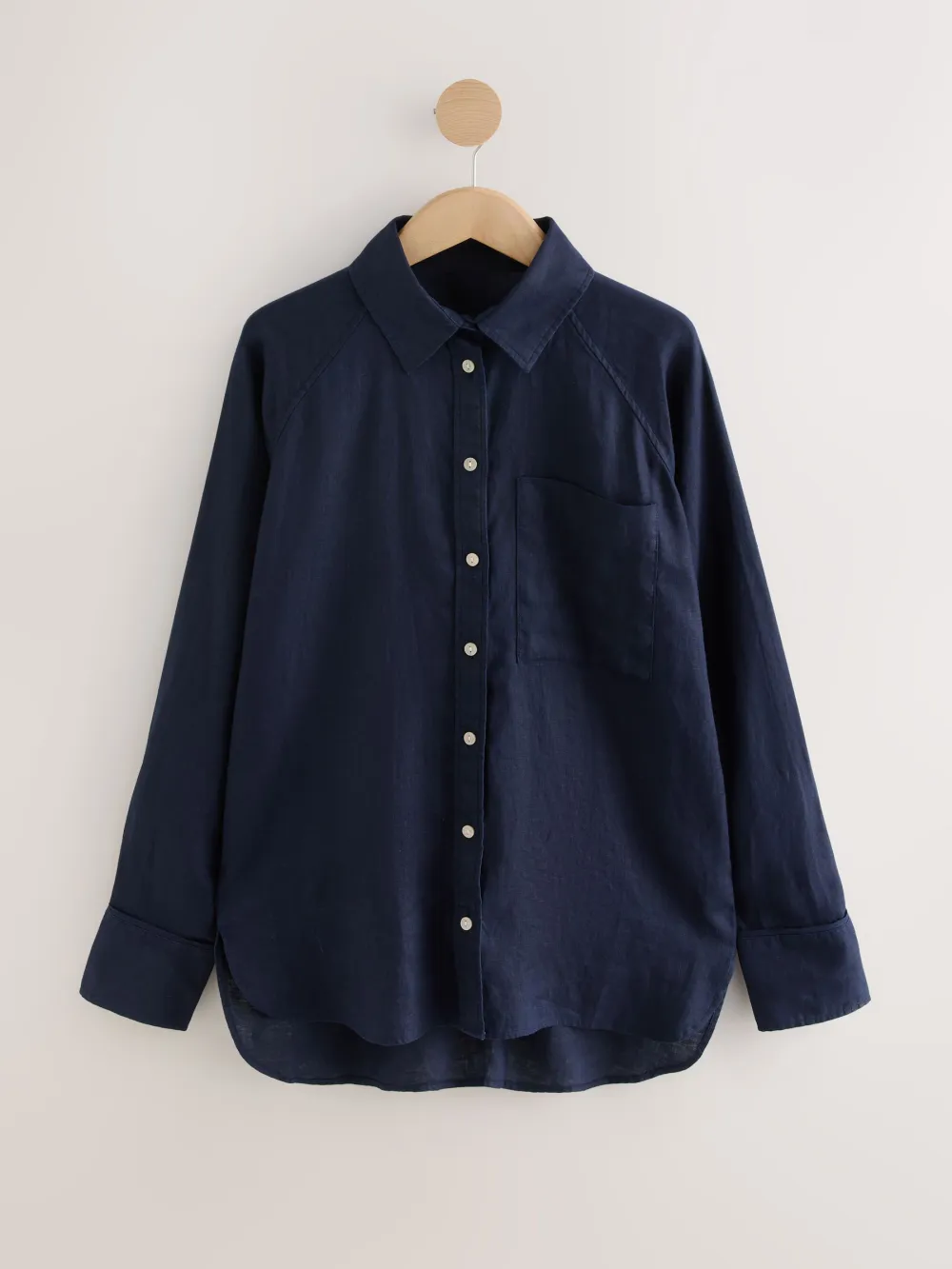 Ecru Palm Print Linen Flat Collar Loose Long Sleeve Shirt