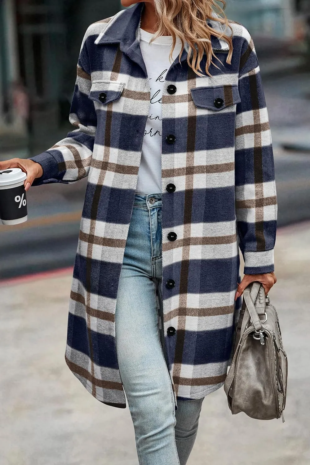 Women's Plaid Shacket 2023 Long Sleeve Button Up Flannel Shirt Winter Tartan Jacket Woolen Coats