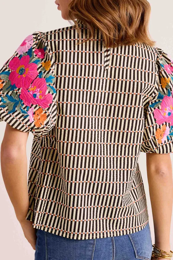 Floral Embroidered Puff Sleeve Checked Top