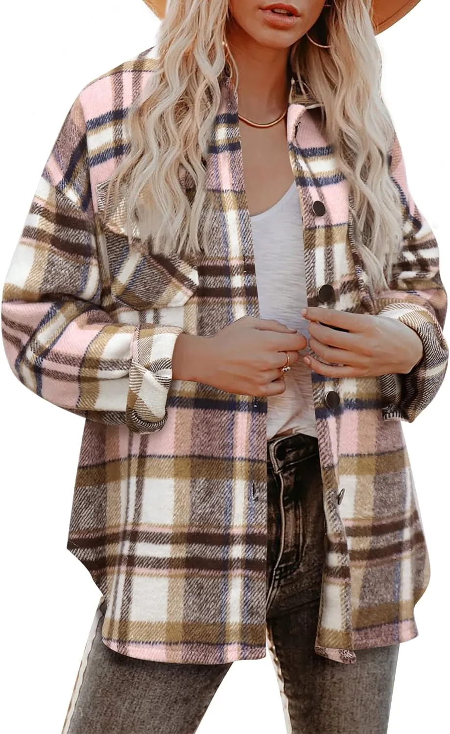 Women's Flannel Plaid Shacket Long Sleeve Button Down Chest Pocketed Shirts Jacket Coats