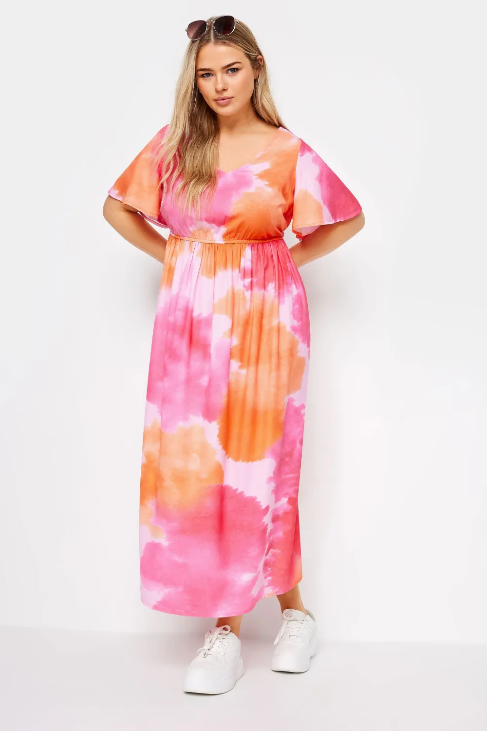 YOURS Curve Pink Blur Print Bow Back Midaxi Dress
