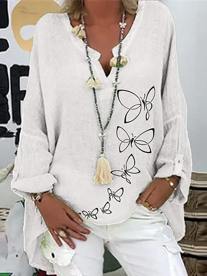 Ladies Cotton Linen V-Neck Plus Size Printed Shirt