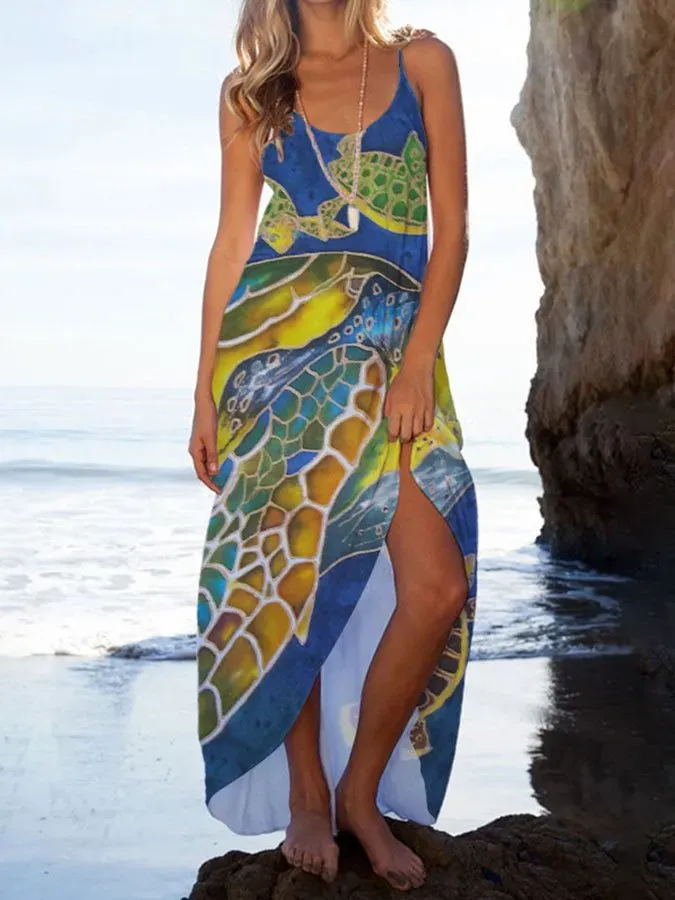 Resort Turtle Print Sling Beach Maxi Dress