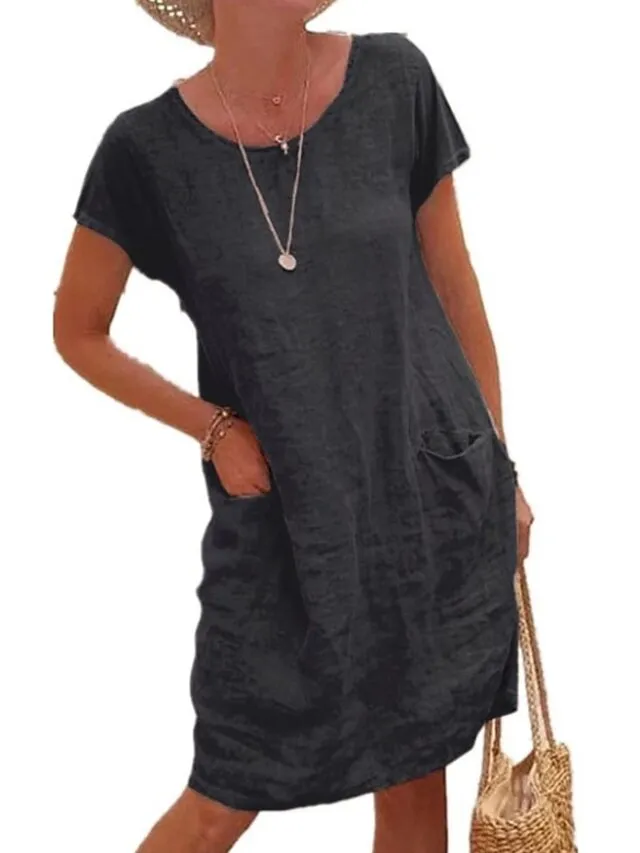 Women‘s Shift Dress Knee Length Dress Short Sleeve Pure Color Pocket Spring Summer Crew Neck Basic Casual Classic Loose 2023 S M L XL 2XL 3XL 4XL 5XL / Cotton