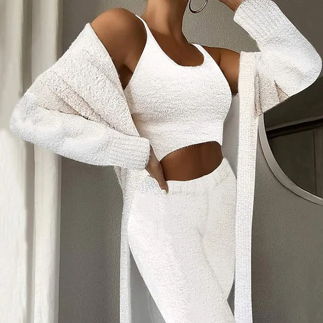 Women's Loungewear Sets Fluffy Fuzzy Sweatsuit 3 Pieces Pajama Pure Color Warm Fashion Simple Party Home Street Fleece Crew Neck Sleeveless Crop Top Pant Elastic Waist Winter Fall Black Camel