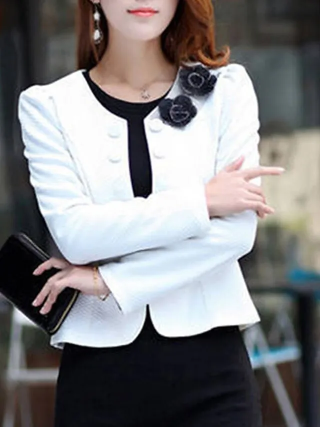 Women's Blazer Fall Short Bow Coat White Black Pink Fuchsia Elegant Street Spring Open Front Round Neck Regular Fit S M L XL XXL 3XL