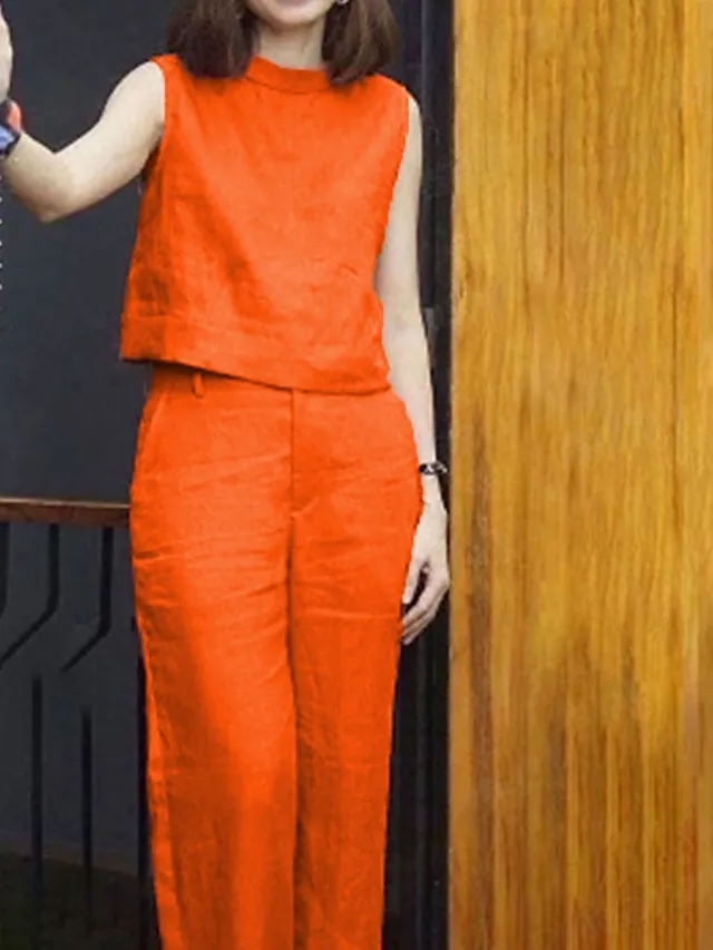 Women's Loungewear Sets Pure Color Fashion Casual Comfort Street Daily Date Cotton And Linen Breathable Stand Collar Sleeveless Tank Top Pant Summer Spring Blue Fuchsia