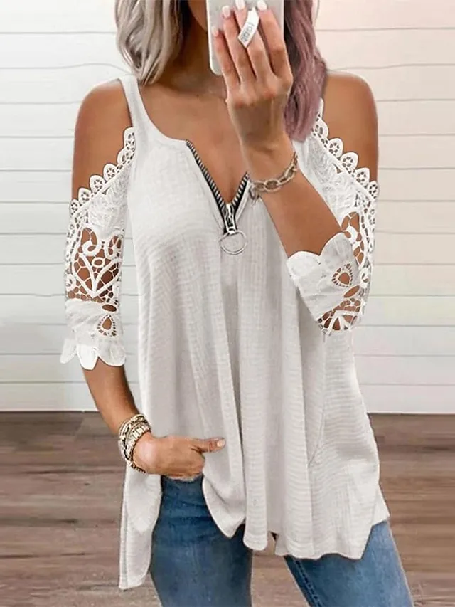 Women's Shirt Blouse Eyelet top Black White Pink Plain Lace Zipper Half Sleeve Holiday Weekend Basic Streetwear V Neck Regular S