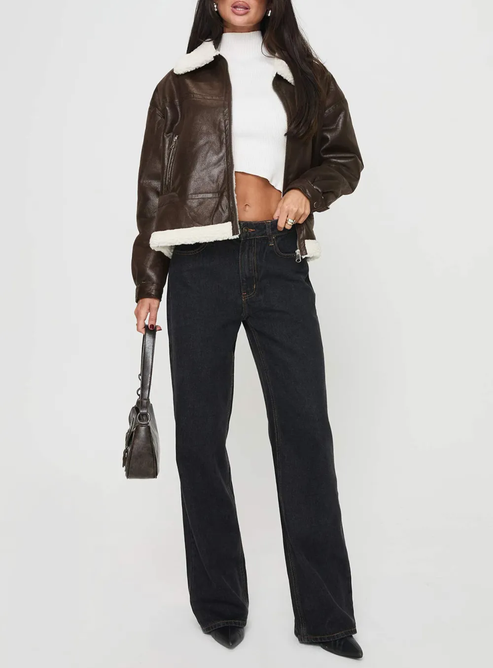 Brown Faux Leather Shearling Collar Jacket