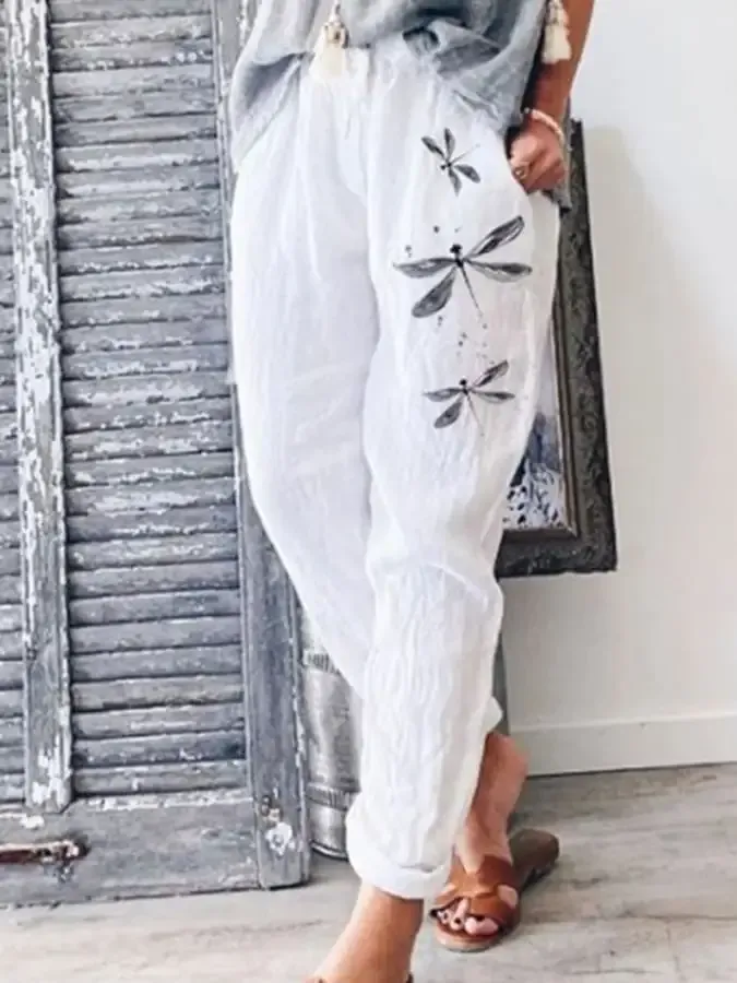 Women's Dragonfly Printed Elastic Waist Casual Casual Cotton Pants