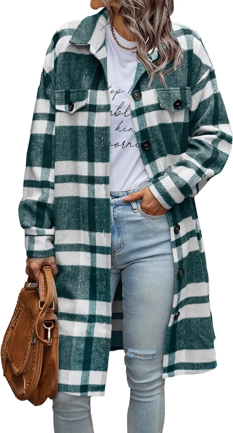 Women's Plaid Shacket 2023 Long Sleeve Button Up Flannel Shirt Winter Tartan Jacket Woolen Coats