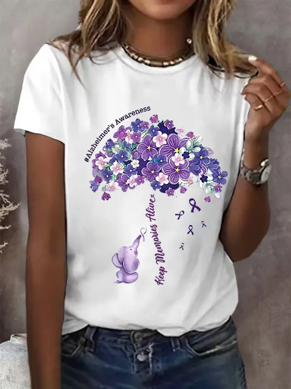 Women'S Alzheimer'S Awareness Keep Memories Aliver Floral Printed Short Sleeve T-Shirt