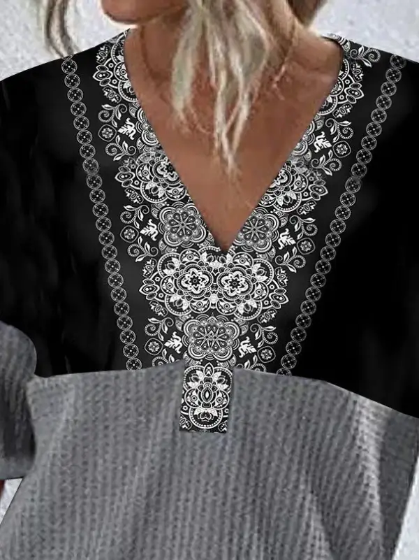 Women's Stitching Colorblock Printed Short Sleeve V-neck Top