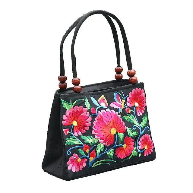 Women's Handbag Canvas Outdoor Holiday Embroidery Large Capacity Breathable Lightweight Folk Dark Red Black / Red Blue peacock