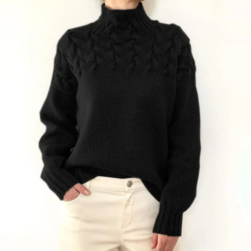 Vintage Woven Detail Turtleneck Long Sleeve Sweater