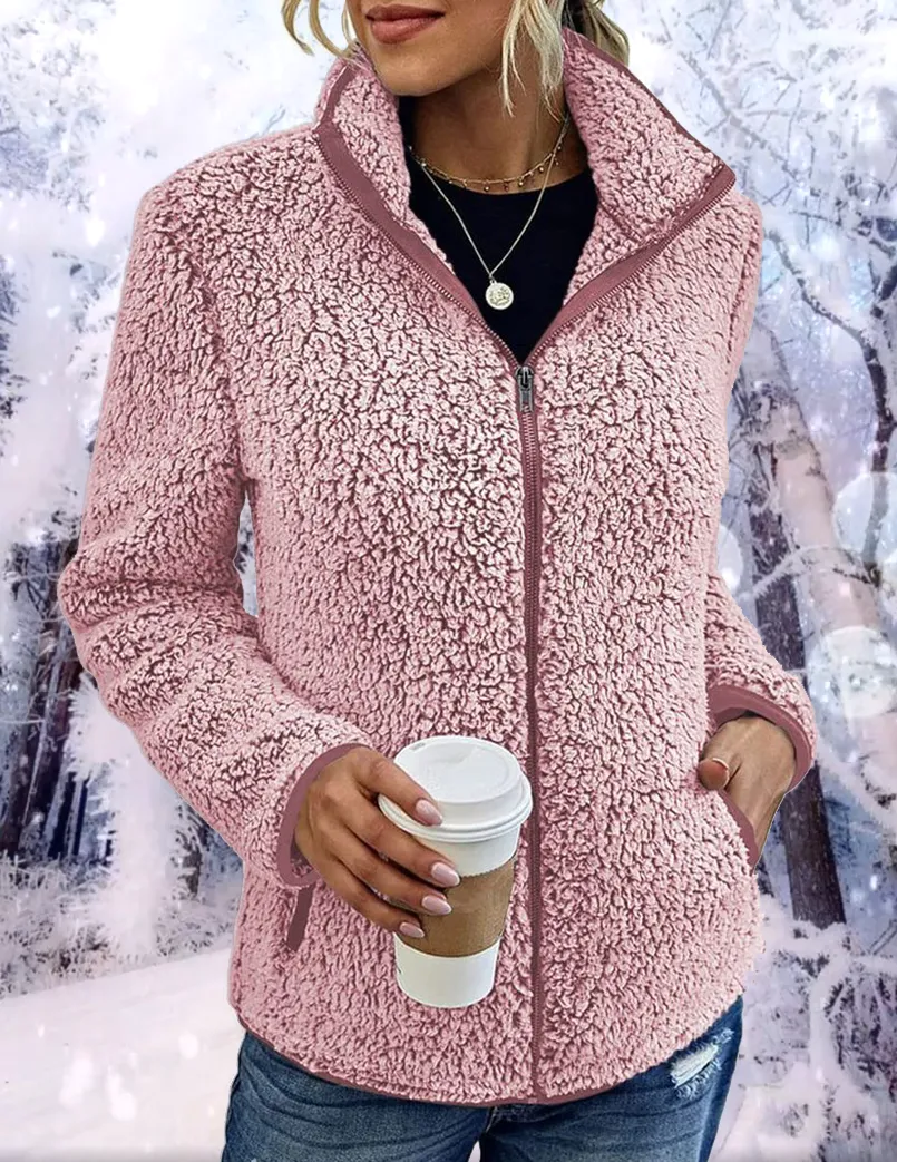 Solid Stand Collar Fleece Coat