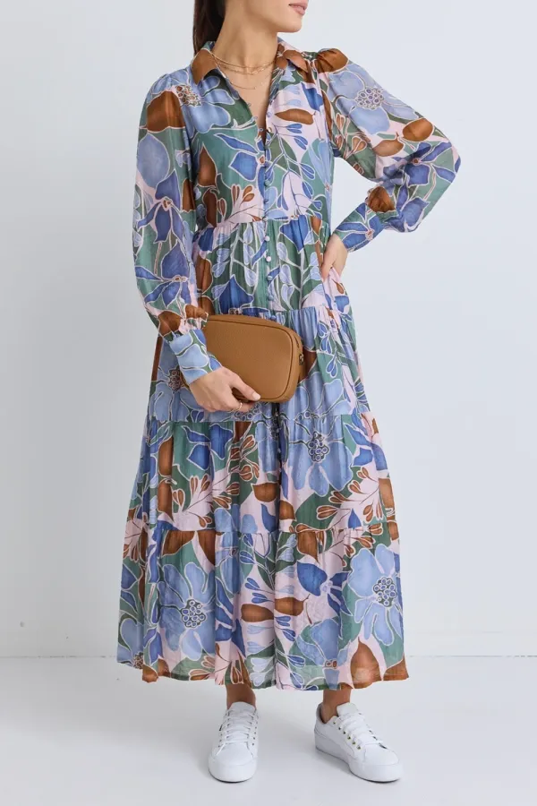 Khaki Floral Long Sleeve Tiered Shirt Maxi Dress