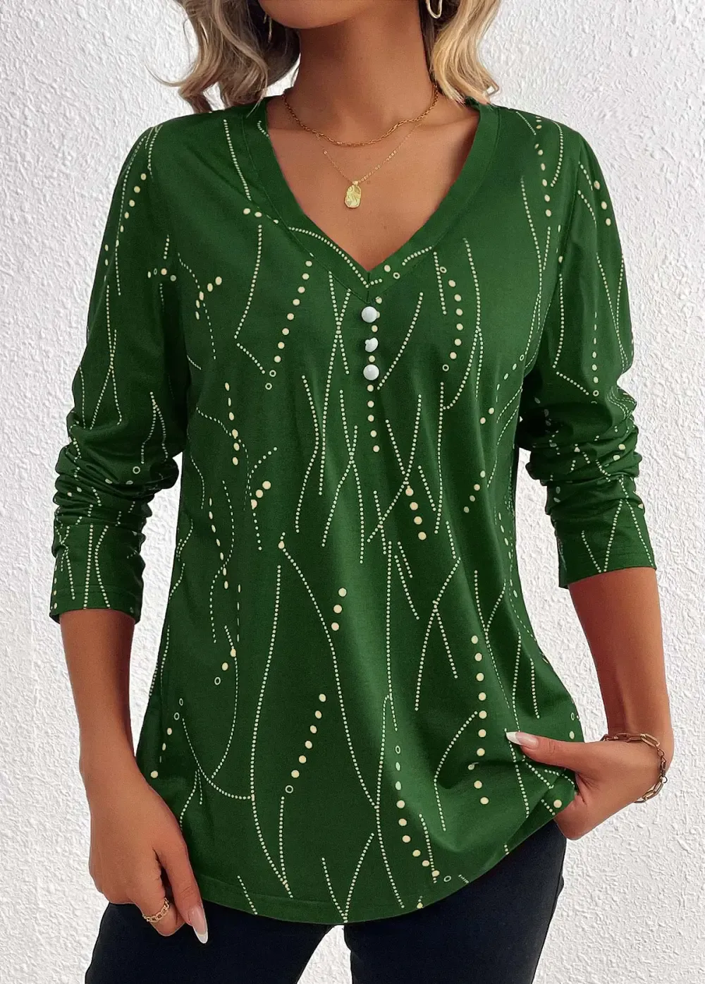 Green Button Geometric Print Long Sleeve T Shirt