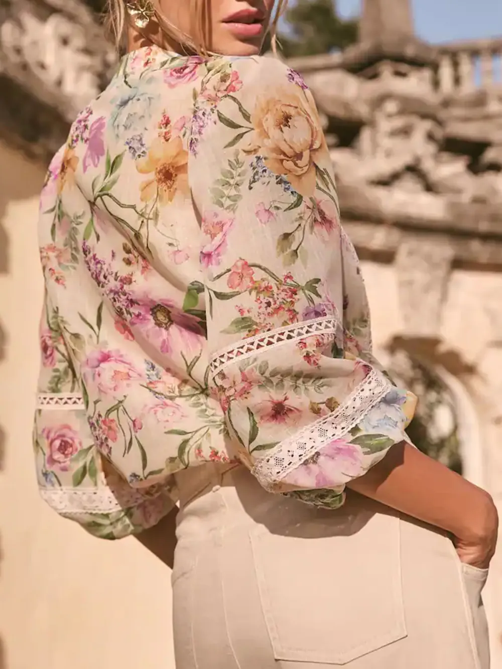 White Floral Decorative Collar Shirt