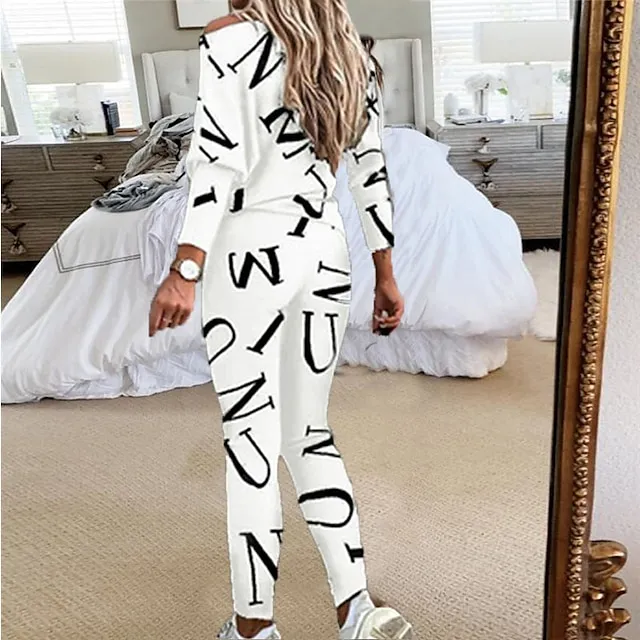 Women's Letter Print Lounge Sets Sweatsuit 2 Pcs  Crew Neck Long Sleeve Tops & Slim Pants Outfits Sport Comfort Home Street Vacation Polyester Off Shoulder Fall Winter S 2XL Black White