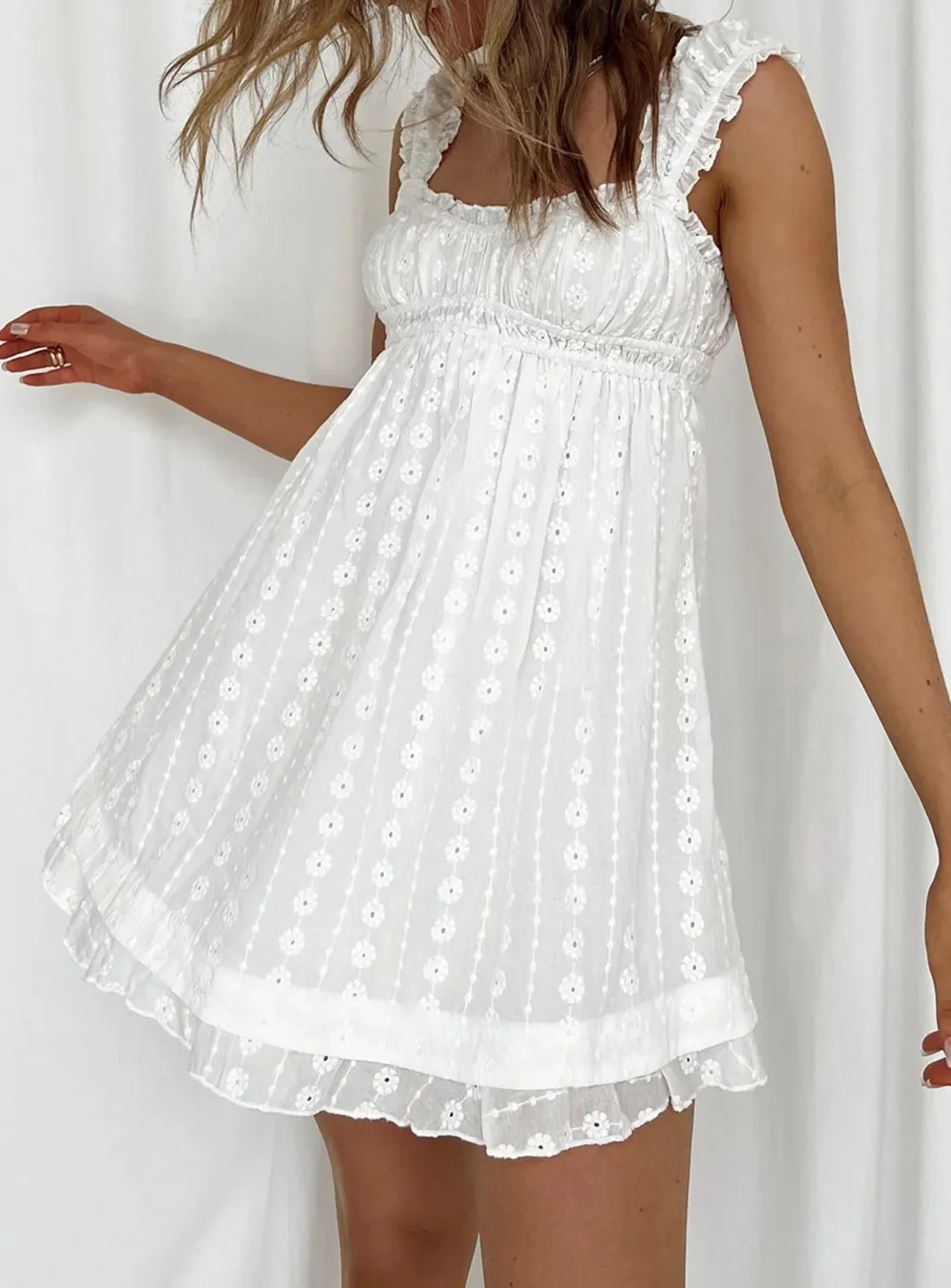 Yellow Square Neck Lace Trimmed Mini Dress