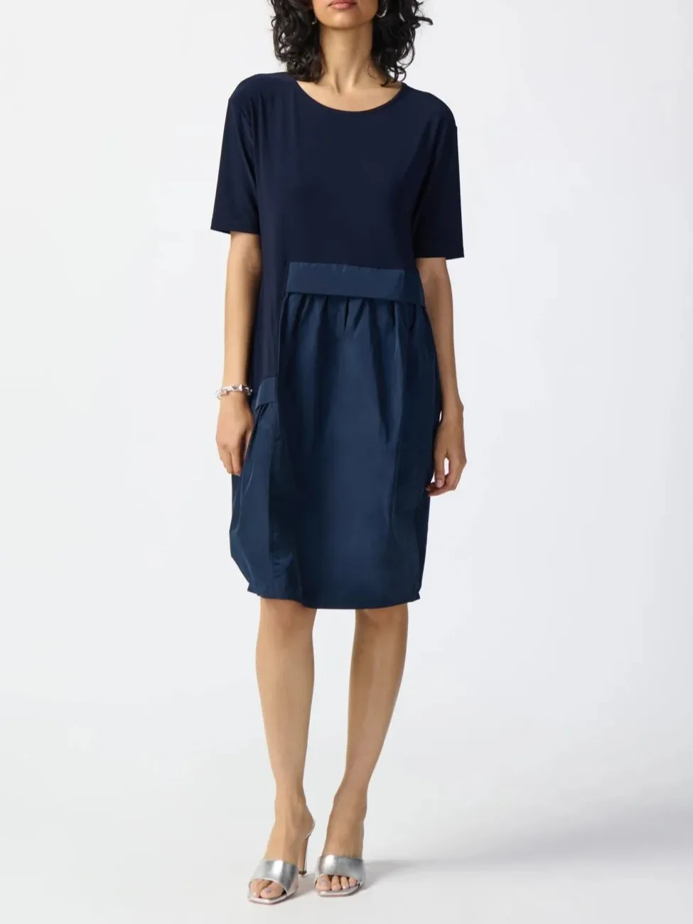 Navy Blue Short - Sleeve Fit - and - Flare Dress