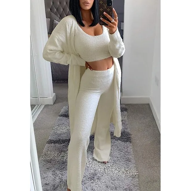 Women's Loungewear Sets Fluffy Fuzzy Sweatsuit 3 Pieces Pajama Pure Color Warm Fashion Simple Party Home Street Fleece Crew Neck Sleeveless Crop Top Pant Elastic Waist Winter Fall Black Camel