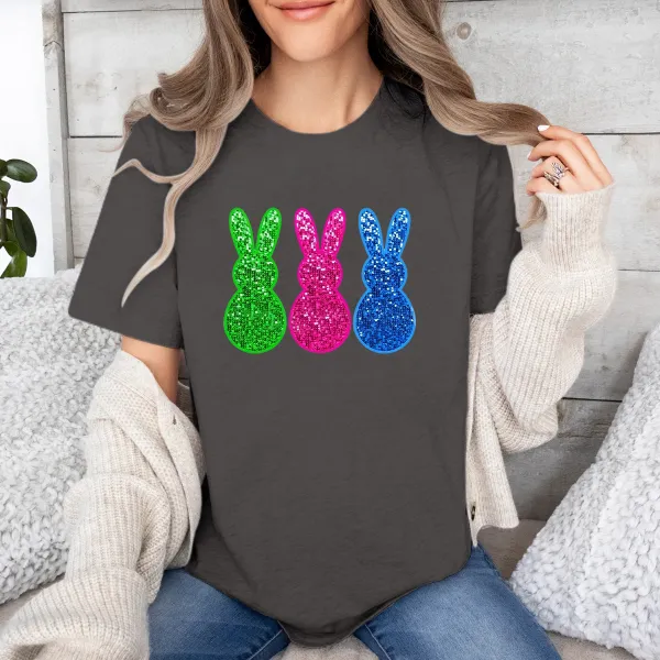 Easter Shiny Bunny Printed Round Neck Short Sleeve T-Shirt