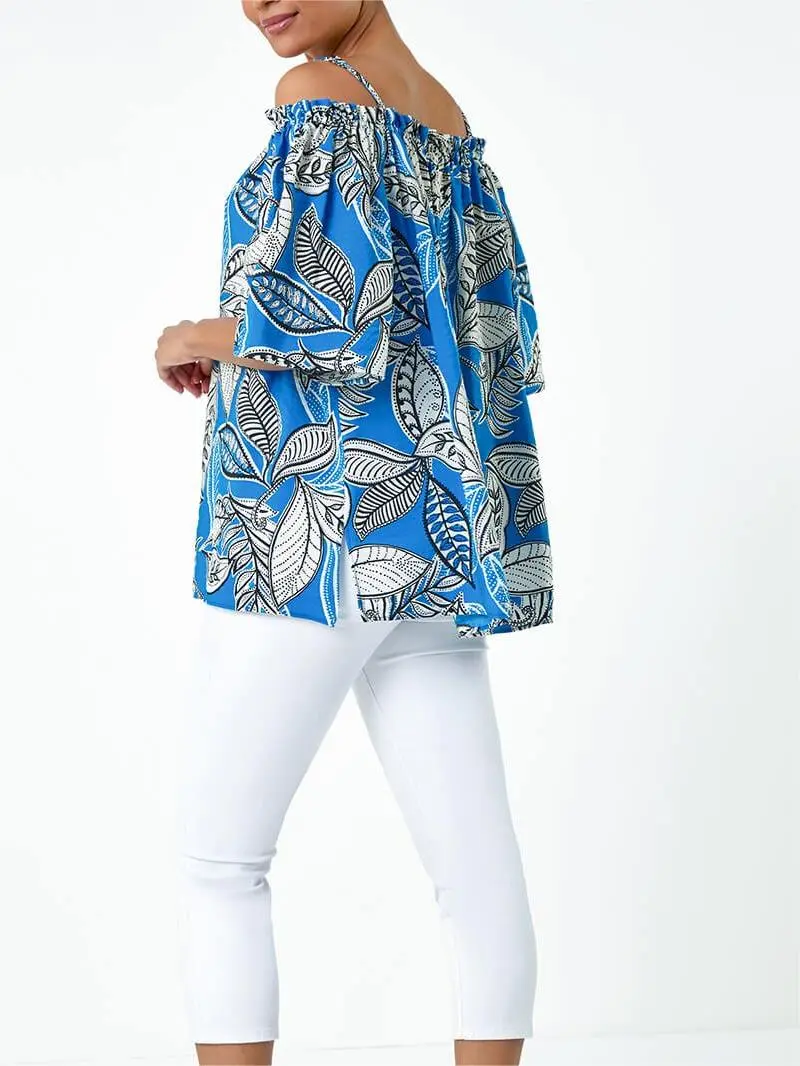 Blue Floral Off-The-Shoulder Stretch Top