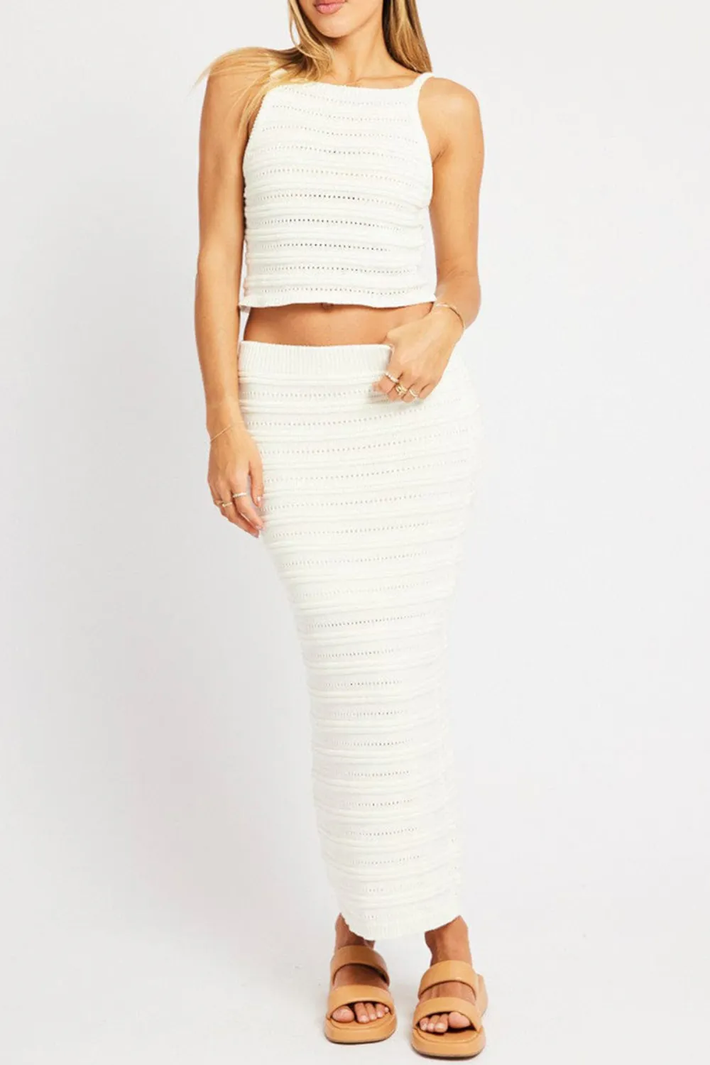 White Crochet Skirt High Rise Elastic Waistband Midi