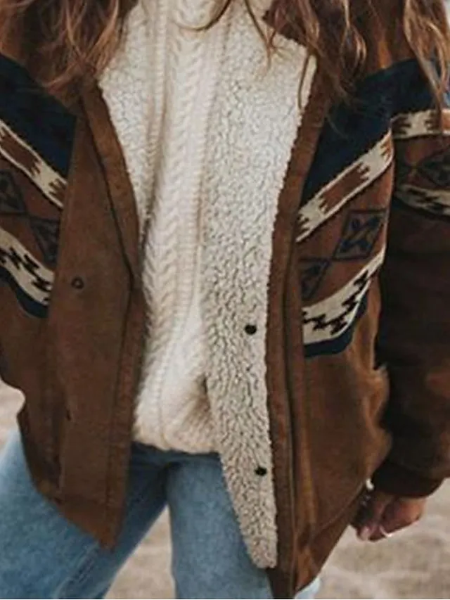 Women's Winter Coat Vintage Jacket Warm Breathable Street Daily Wear Vacation Going out with Pockets Fleece Lined Print Single Breasted Lapel Casual Street Style Geometric Regular Fit Outerwear Long