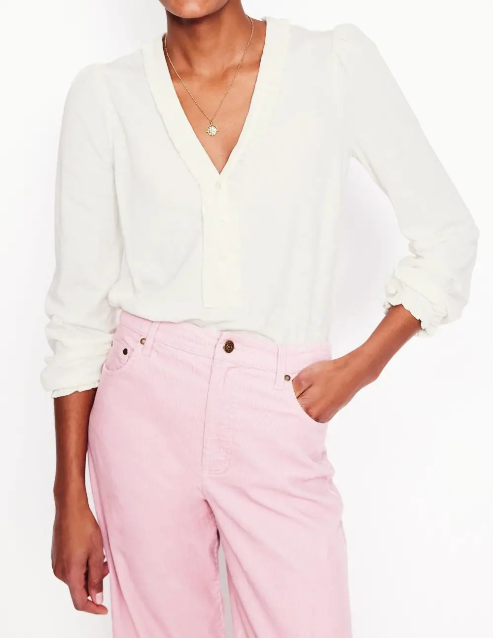 White Ruffled Henley - Style Blouse