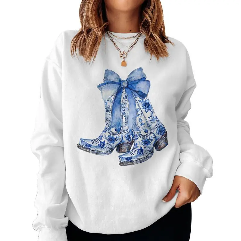 Coquette Blue Floral Boots Bow Cowboy Cowgirl Women Sweatshirt