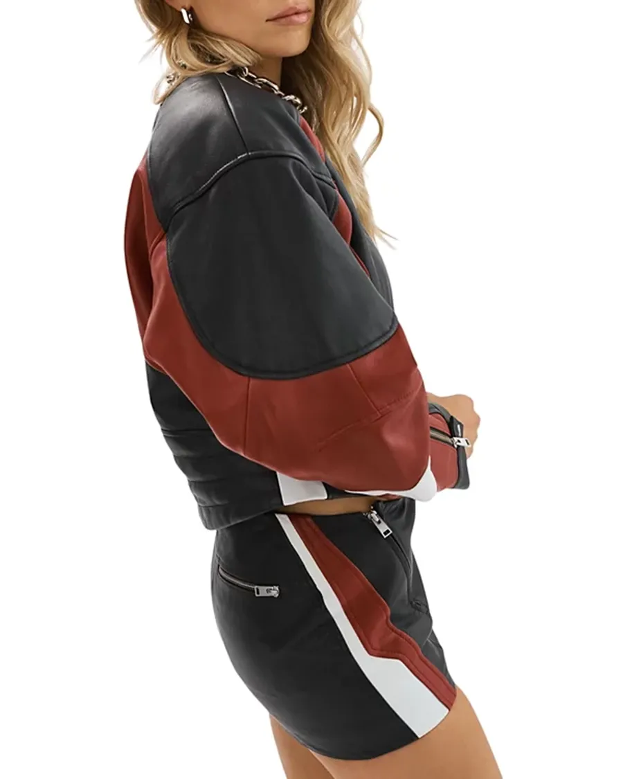 Cropped Leather Contrast Insert Racer Jacket
