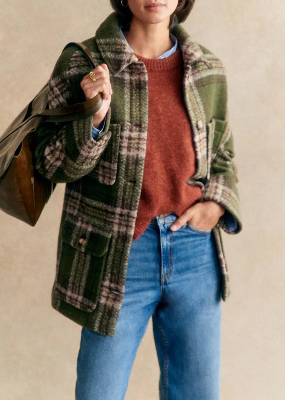 Khaki Check Checked Coat With Classic Collar