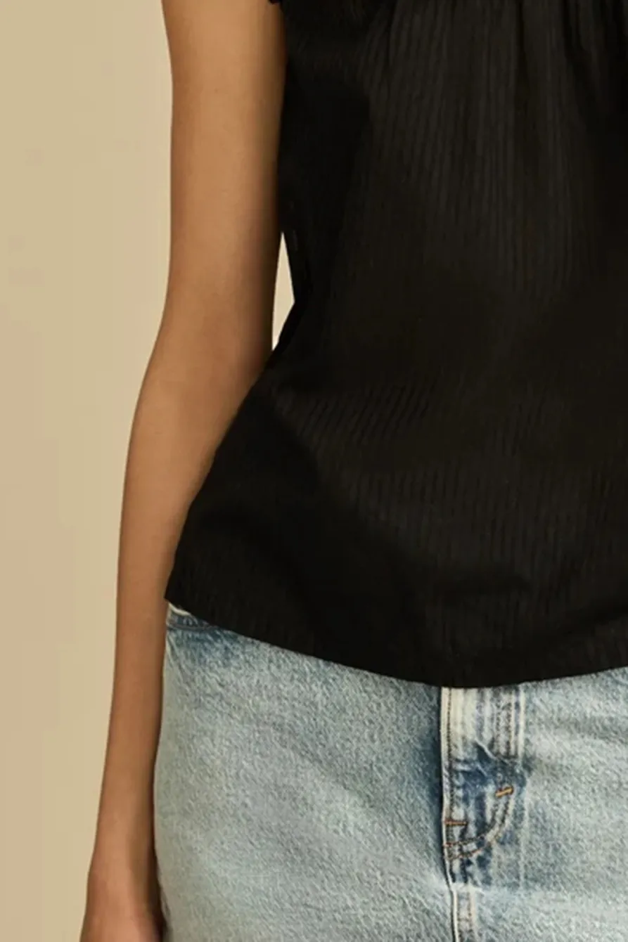 Jet Black Lace Neck Pintuck Shell Top